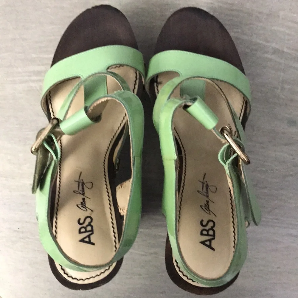 ABS Allen Schwartz Leather “Graciela” Ankle Strap Wedges, Mint Green 7.5